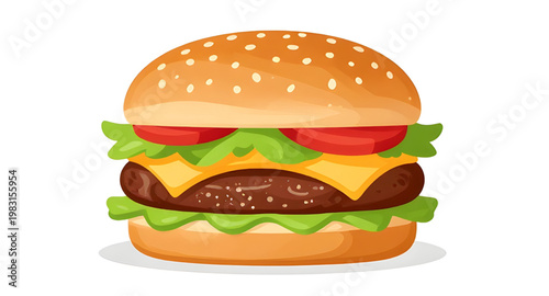 hamburger isolated on white background vector illustration, juicy cheeseburger isolated with sesame bun and fresh ingredients, realistic hamburger illustration with beef patty lettuce and tomato, fast