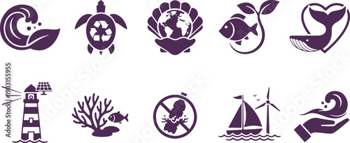 Icons representing various themes of marine life, conservation, and human activities at sea