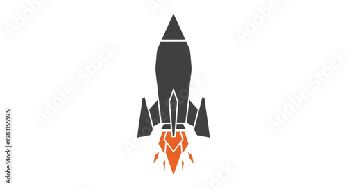 A gray rocket icon with orange flames launching on a white background. This vector illustration represents a business startup, project launch, and technological innovation. Perfect for marketing.