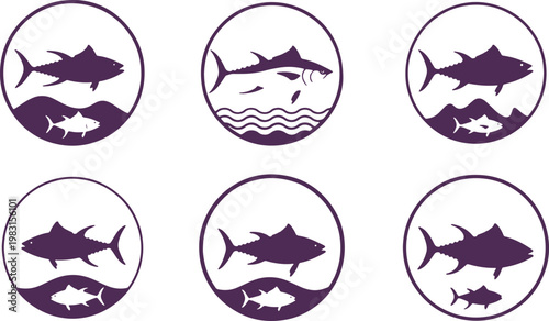Six black and white icons of tuna fish with varying background elements