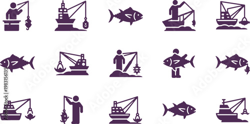 Various traditional and modern fishing techniques and equipment depicted in icons