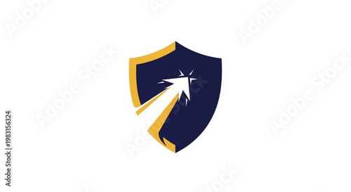 This minimalist vector logo features a navy blue and gold shield with an integrated upward arrow. The white arrow pierces the shield with a sharp spark, symbolizing growth, breakthrough innovation.