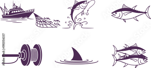 Illustrations of various fishing methods and commonly caught fish species
