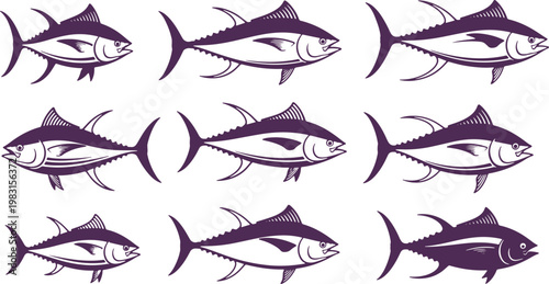 Illustrations of various tuna fish swimming in different directions