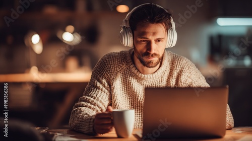 Man in cozy sweater using laptop with headphones in warm home setting