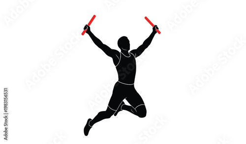 A dynamic black silhouette depicts a jubilant athlete mid jump victoriously raising two red batons in the air celebrating success silhouette high quality professional