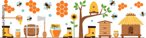 Beekeeping elements and tools arranged in a horizontal row with a tree and sunflower