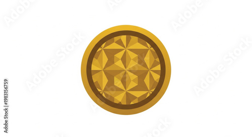 A circular gold medallion featuring an intricate, faceted geometric pattern isolated on a white background. The inner design uses triangles and hexagons to create a sparkling, crystalline effect.
