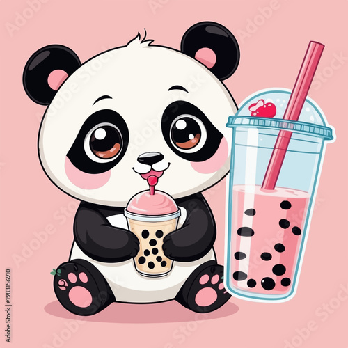 Cute panda drinking bubble tea kawaii cartoon boba milk tea illustration