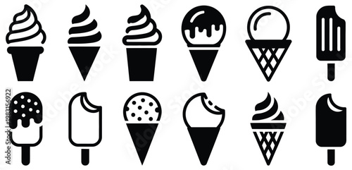 Ice cream icon set collection vector illustration, modern line and flat style dessert icons featuring cones, cups, and frozen treats for café menus, food apps, and restaurant design