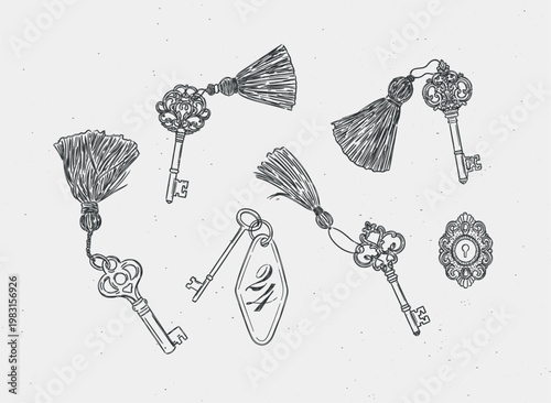 Keys with fringe collection drawing in retro style with black on light background