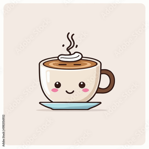 Cute coffee cup character kawaii cartoon hot drink with saucer illustration