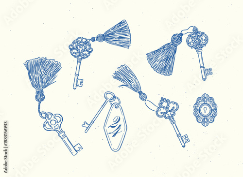 Keys with fringe collection drawing in retro style with blue on light background