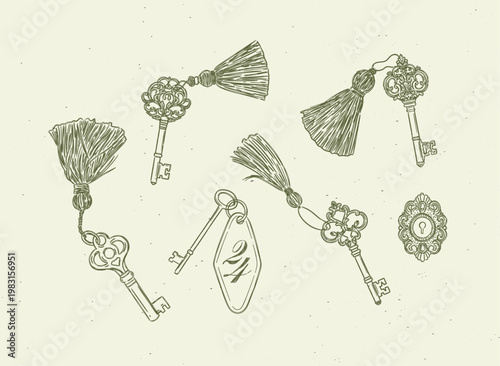 Keys with fringe collection drawing in retro style with green on light background