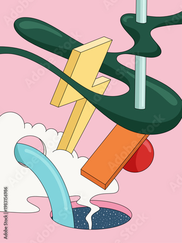 Vector Illustration of Abstract Colorful Geometric Shapes, Spheres, Galaxy Hole and Clouds Arranged Forming a Conceptual Surreal Composition on Pink Background