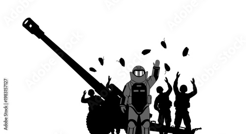 Bomb disposal expert in protective suit with soldiers and artillery gun, victory celebration