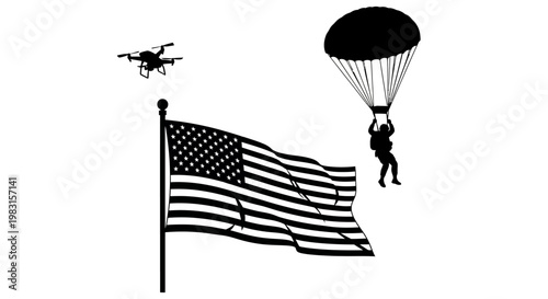 Drone and Parachutist Near American Flag