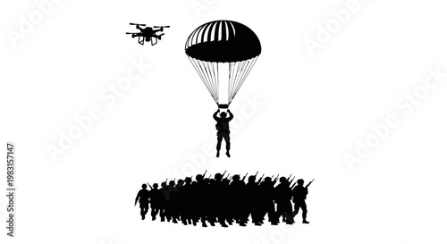 Drone drops soldier via parachute onto army formation, modern warfare concept