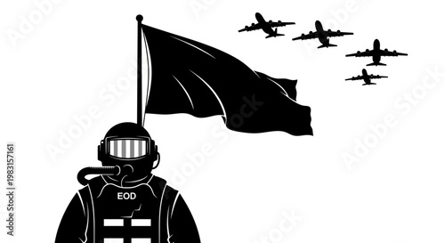 EOD Soldier with Black Flag and Fighter Jets in Formation