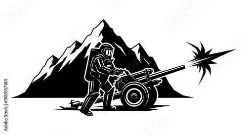 Hazmat Soldier Fires Cannon in Snowy Mountain Landscape