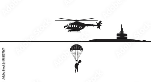 Helicopter drops paratrooper near submarine in illustration of covert operation