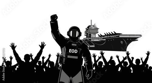 EOD soldier celebrates with crowd in front of aircraft carrier