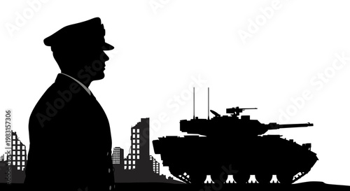 Military Commander Silhouette Overlooking Destroyed City and Tank