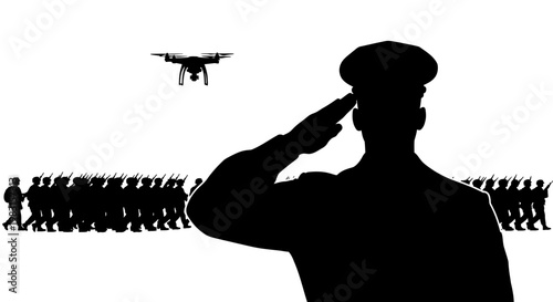 Military drone observes soldiers marching in formation, officer salutes