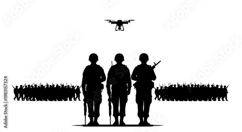 Military drone surveillance over soldiers and crowd silhouettes