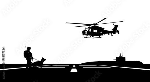 Military Helicopter and Submarine with Soldier and Dog on Runway