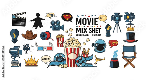 Movies icons collection depicts various classic elements of cinema life.