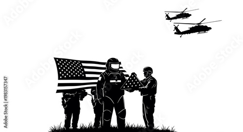 Military Honor Guard Folds American Flag with Helicopters Flying Overhead