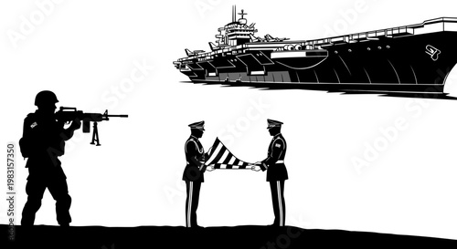 Military Honor Guard Folds Flag Beside Soldier and Aircraft Carrier