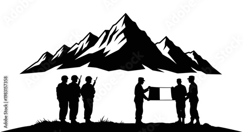 Military Honor Guard Carrying Flag with Mountains Background Silhouette