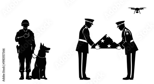 Military Honor Guard Folds Flag with K9 Unit and Drone Surveillance