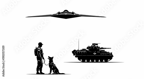 Military Icons: Stealth Bomber, Tank, Soldier with Dog Silhouette