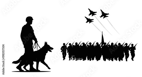 Military Parade: Soldier with Dog, Marching Troops, and Fighter Jets in Formation