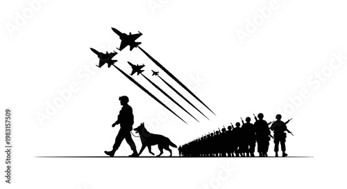 Military parade with fighter jets flying overhead and soldier with dog
