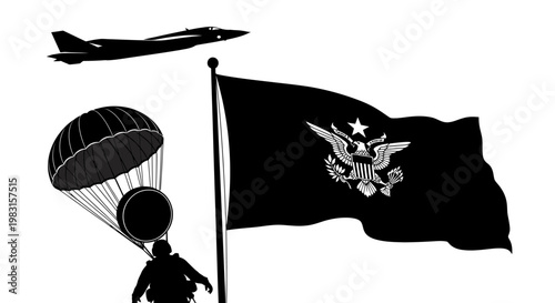 Military Paratrooper Descending with Cargo, Jet Flying, and US Flag