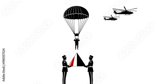 Military Paratrooper Landing with Helicopters and Flag Bearers