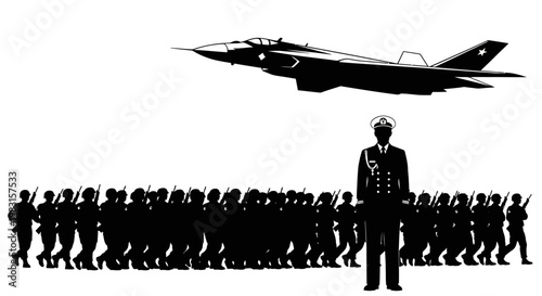 Military parade with fighter jet flying over marching soldiers and officer