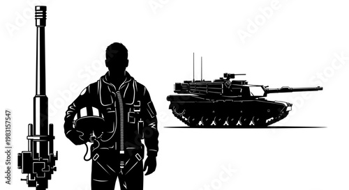 Military Pilot Silhouette, Tank, and Artillery Gun - Black and White Vector Illustration