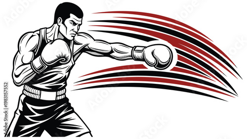 Strong muscular boxer throwing a powerful straight punch with dynamic motion blur and speed lines, combat sports action illustration