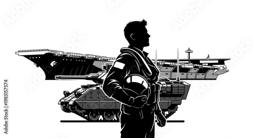 Military Power: Pilot, Tank, and Aircraft Carrier Silhouette - Strength and Defense