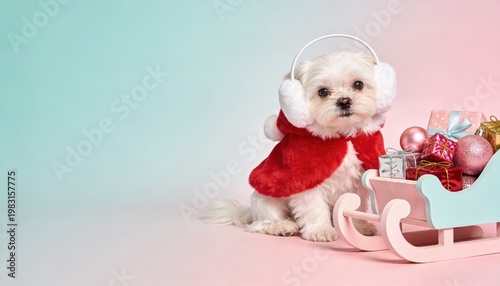 A cute puppy dressed in festive attire beside a colorful gift sleigh.