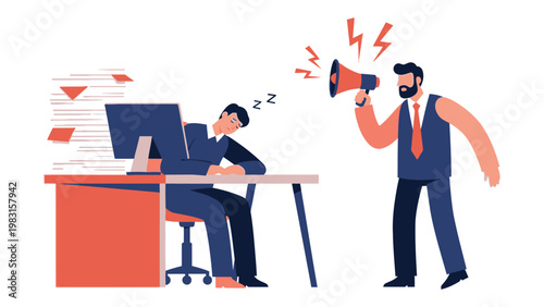 Angry boss shouting through a megaphone at a sleeping employee at a desk with a huge stack of paperwork, workplace stress and toxic leadership concept