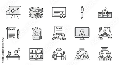Collection of educational icons depicting various aspects of learning, teaching, and academic achievement.