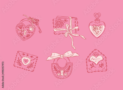 Love floral elements heart shape, lock, envelope perfume drawing in romantic style with red on pink background