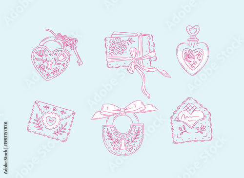 Love floral elements heart shape, lock, envelope perfume drawing in romantic style with pink on blue background