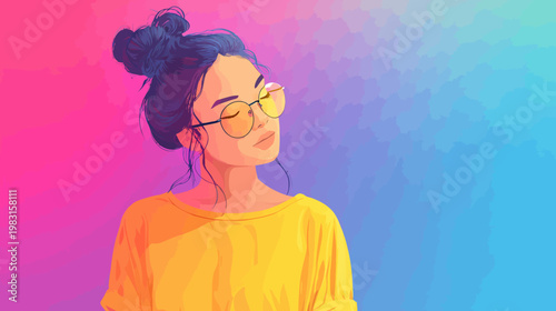 Stylish young woman illustration in yellow glasses and a bun, with a serene expression on a vibrant gradient background. Digital art portrait.